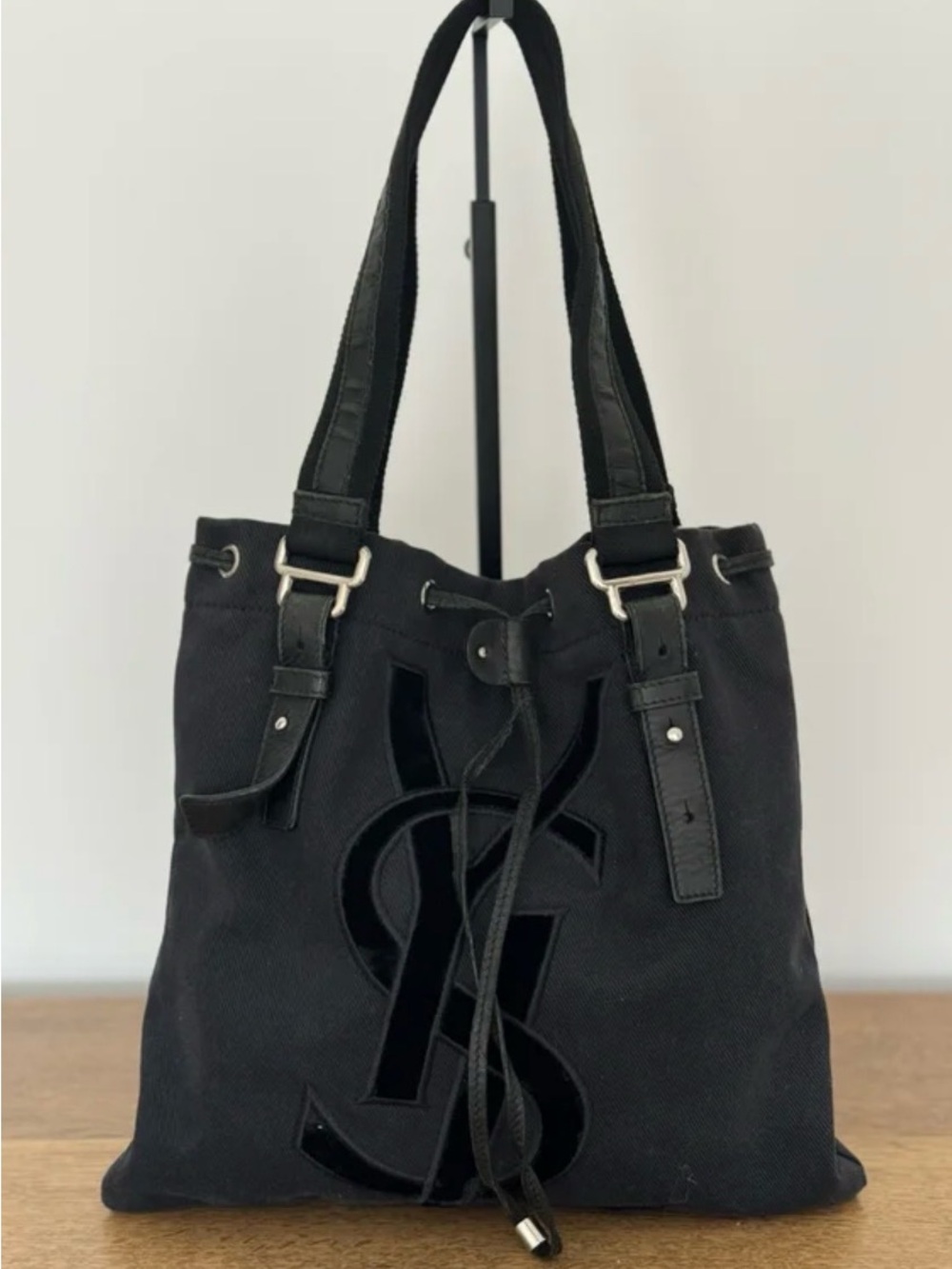 Black Designer Logo Drawstring Tote Bag